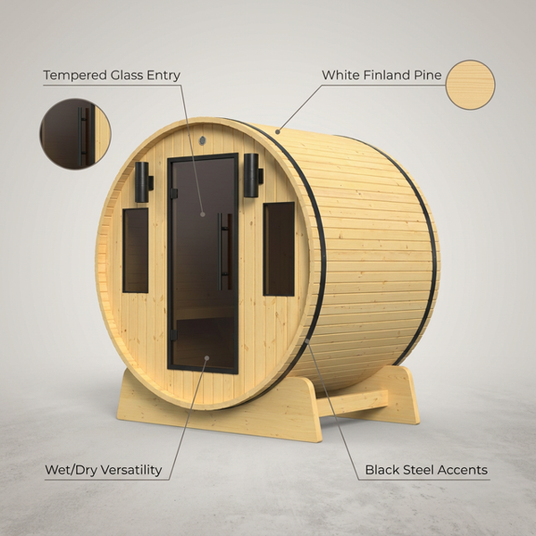3-Person Capacity Outdoor White Finland Pine Wet/Dry Traditional Barrel Sauna with Black Accents
