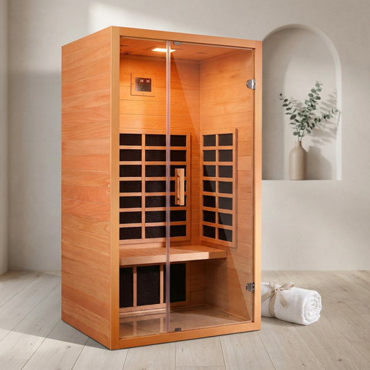 1 Person Extendable FAR Infrared Sauna for Home, Hemlock Wood Low EMF 6 Carbon Heaters Indoor Saunas with LED Lights, Bluetooth Speaker, Digital Control Panel, and Seating Bench — Studio Shot