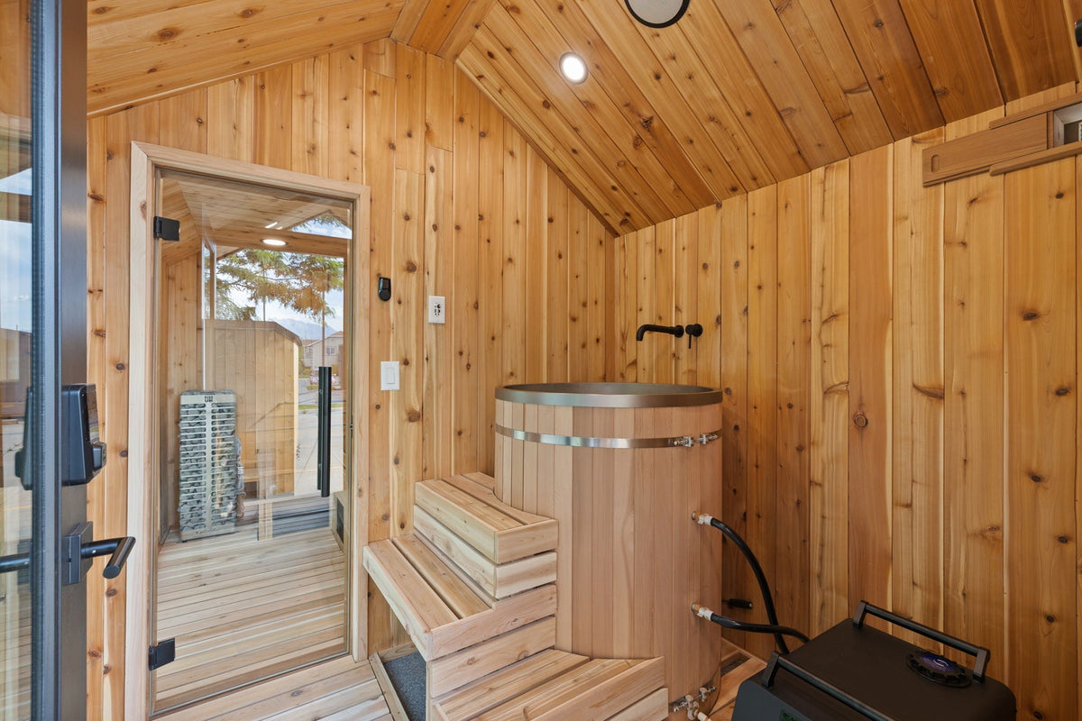 Sweaty Yeti Sauna Plus — 6–8 Person Outdoor Sauna & Barrel Cold Plunge Cabin