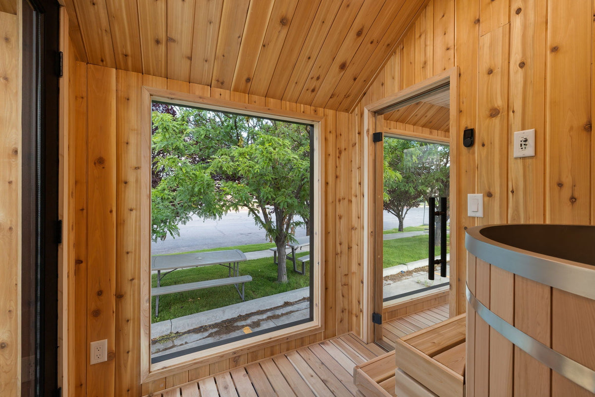 Sweaty Yeti Sauna Plus — 6–8 Person Outdoor Sauna & Barrel Cold Plunge Cabin