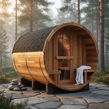 6-Person Patchworkred Cedar Traditional Steam Barrel Sauna — Studio Shot