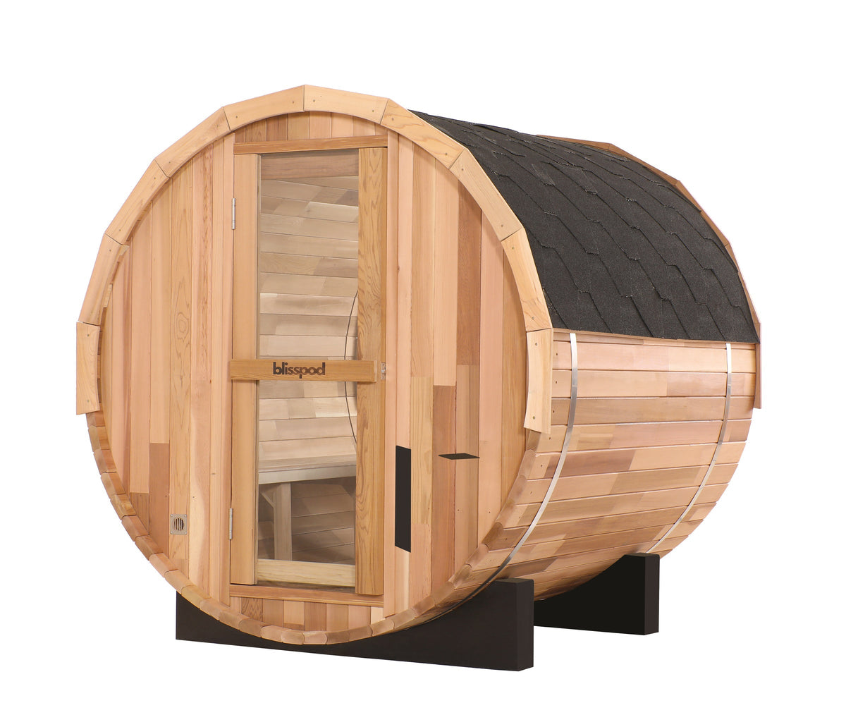 Blisspod Prague | 6000W Outdoor Barrel Sauna | Cedar & Glass Back