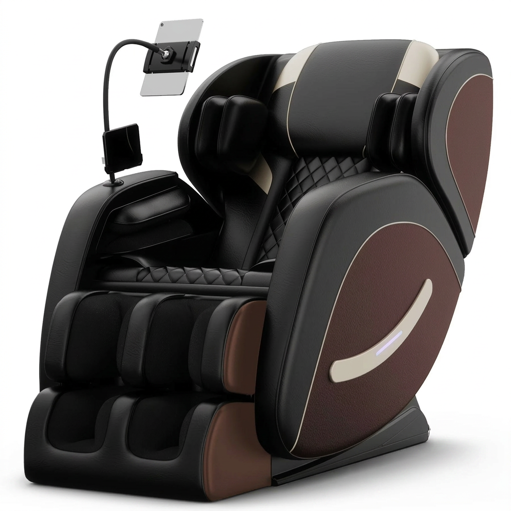 Full Body Massage Chair Recliner with Zero Gravity,  Leather Massage Chair with Air Pressure, 8 Massage Fix Rollers, Heating, Airbag, Bluetooth, Retractable Footrest for Relaxion, Brown+Black — Studio Shot