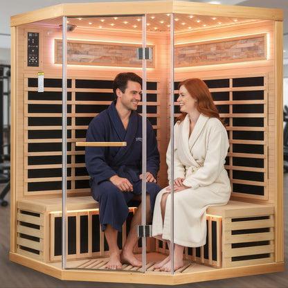 Aura Canadian Hemlock Pentagonal Indoor Infrared Sauna with Glass Front