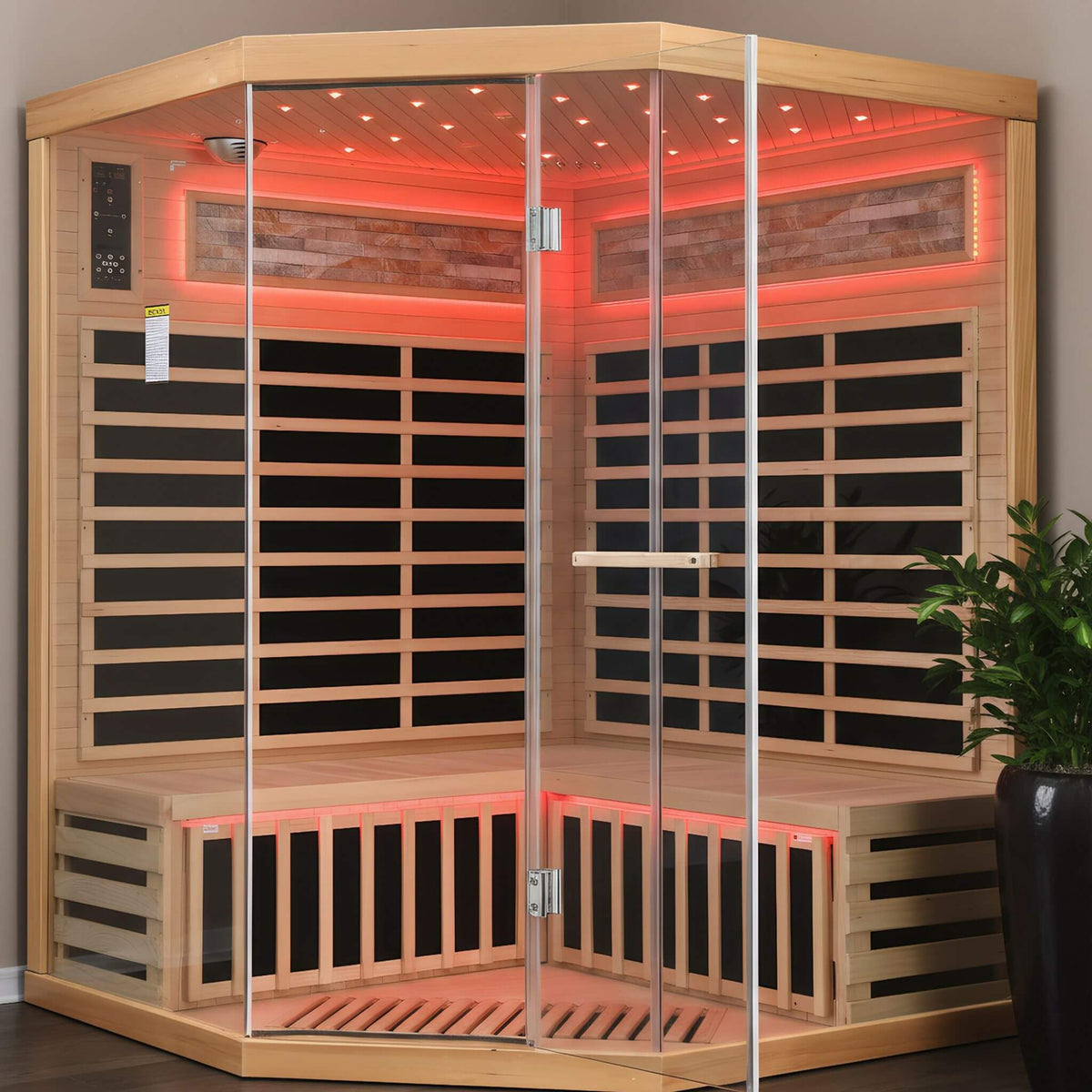 Aura Canadian Hemlock Pentagonal Indoor Infrared Sauna with Glass Front