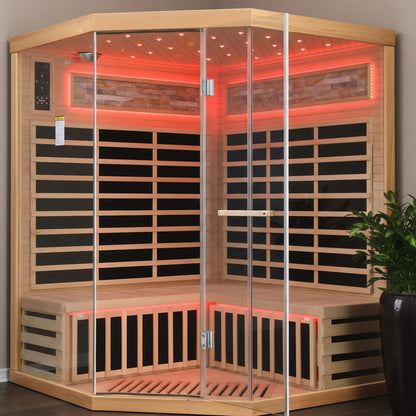 Aura Canadian Hemlock Pentagonal Indoor Infrared Sauna with Glass Front