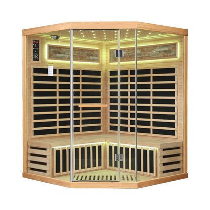 Aura Canadian Hemlock Pentagonal Indoor Infrared Sauna with Glass Front
