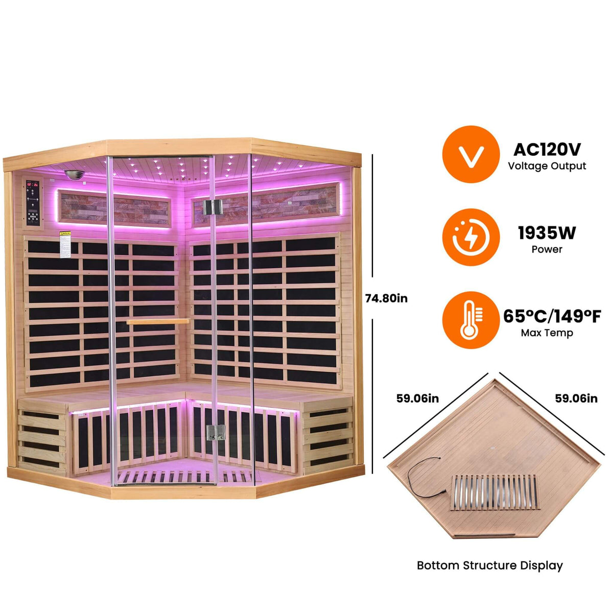 Aura Canadian Hemlock Pentagonal Indoor Infrared Sauna with Glass Front